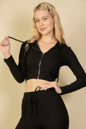 Juniors Ribbed Zip Up Cropped Hoodie
