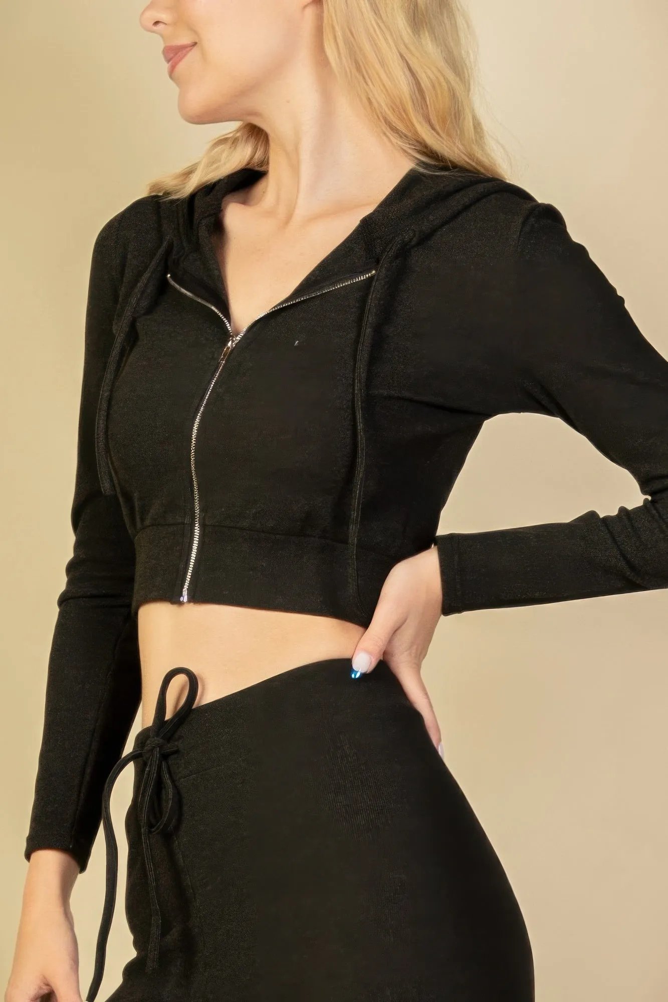 Juniors Ribbed Zip Up Cropped Hoodie