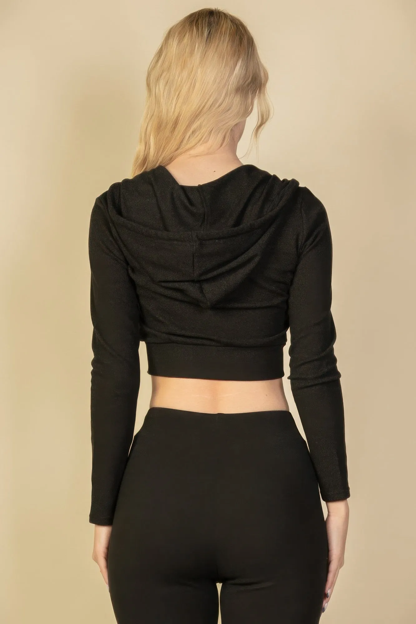Juniors Ribbed Zip Up Cropped Hoodie