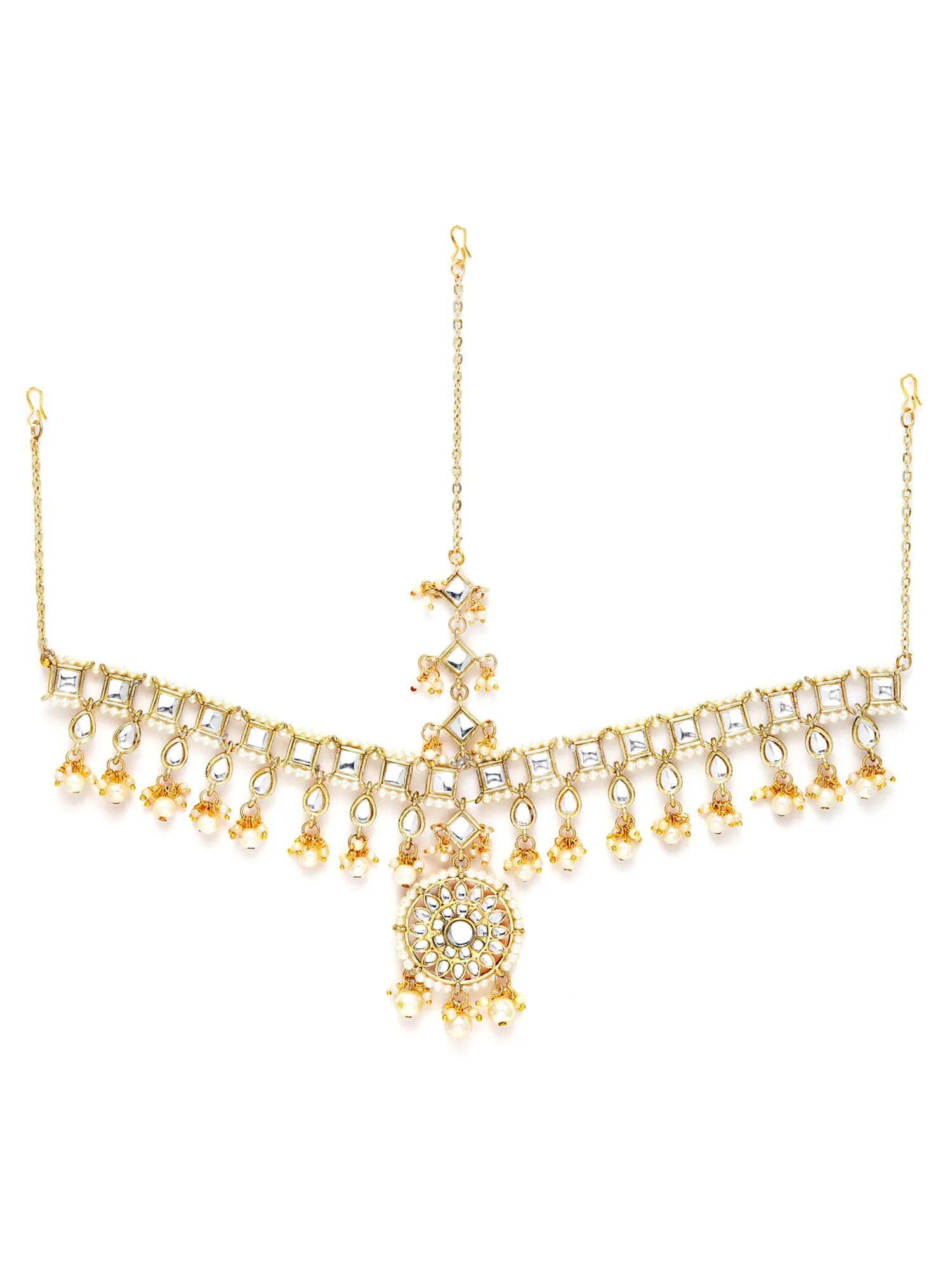 Karatcart Gold Plated Floral Shape Pearl Studded Handcrafted Kundan Mathapatti for Women