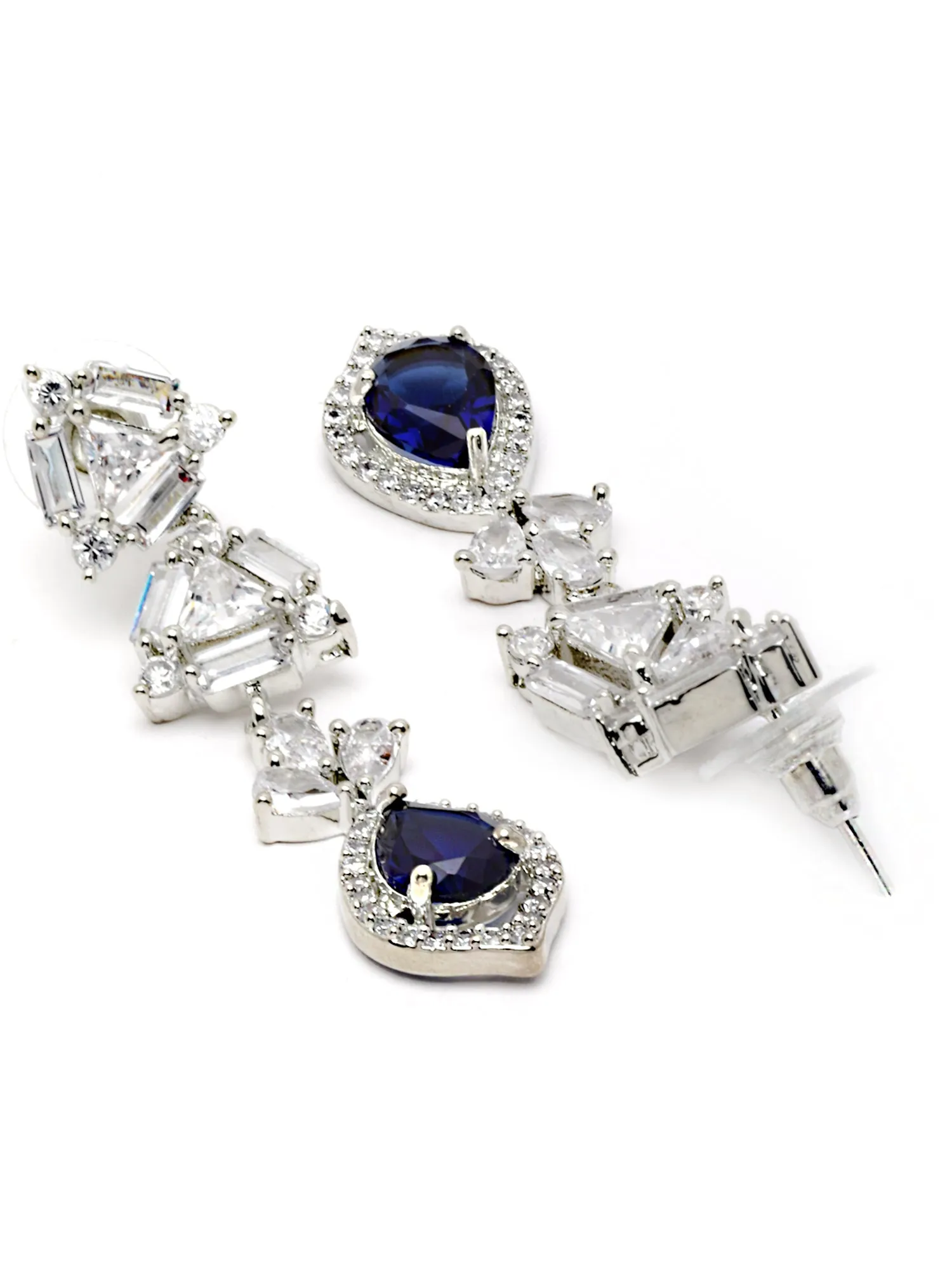 Karatcart Silver Tone Blue American Diamond Drop Earrings for Women