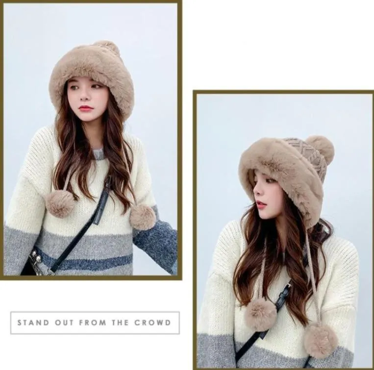 Knitted Woolly Hat With Faux Fur Trim and Pom Poms: Cute Winter Hat Female Russian Style Thick Warm Fur Hat Ladies Ski Girls