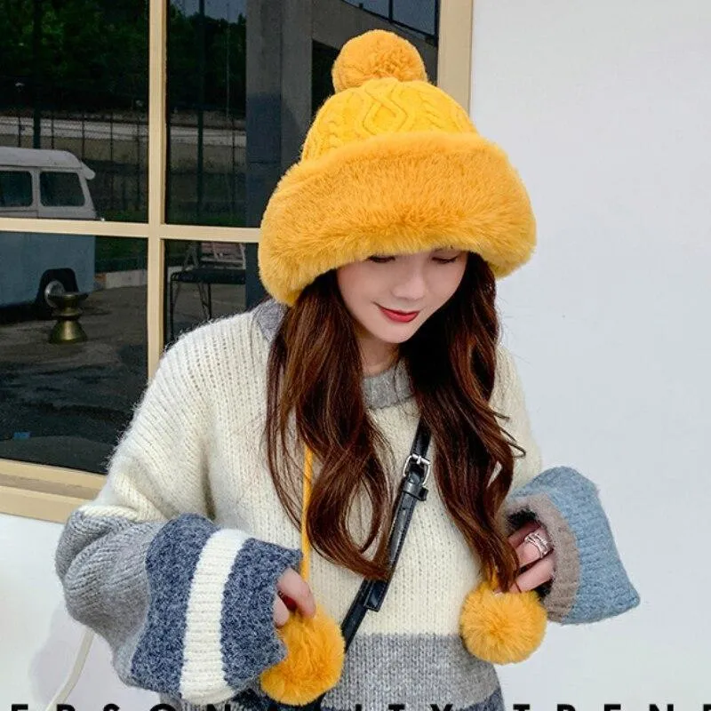 Knitted Woolly Hat With Faux Fur Trim and Pom Poms: Cute Winter Hat Female Russian Style Thick Warm Fur Hat Ladies Ski Girls