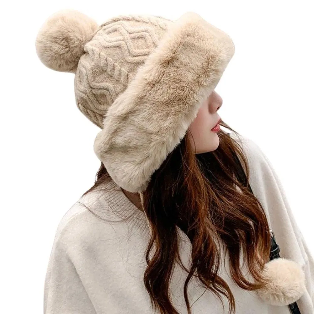 Knitted Woolly Hat With Faux Fur Trim and Pom Poms: Cute Winter Hat Female Russian Style Thick Warm Fur Hat Ladies Ski Girls