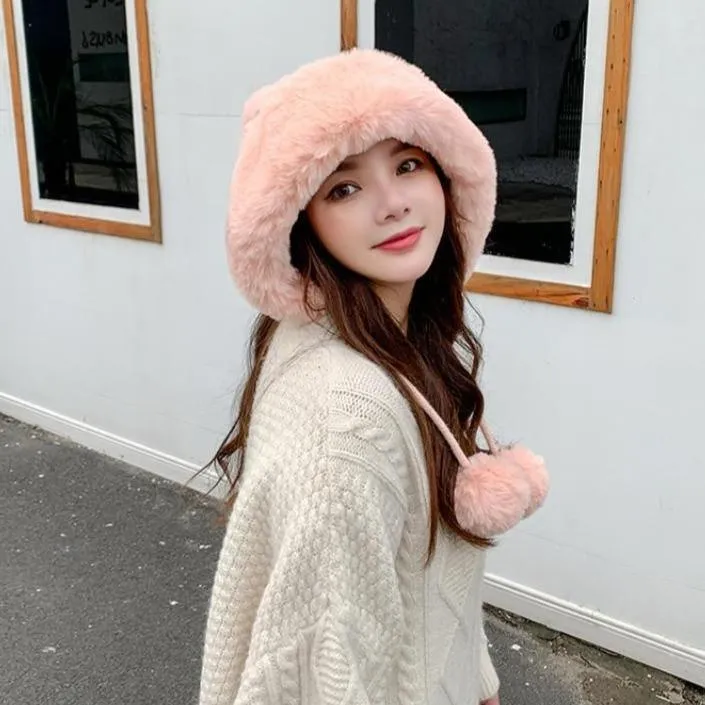 Knitted Woolly Hat With Faux Fur Trim and Pom Poms: Cute Winter Hat Female Russian Style Thick Warm Fur Hat Ladies Ski Girls