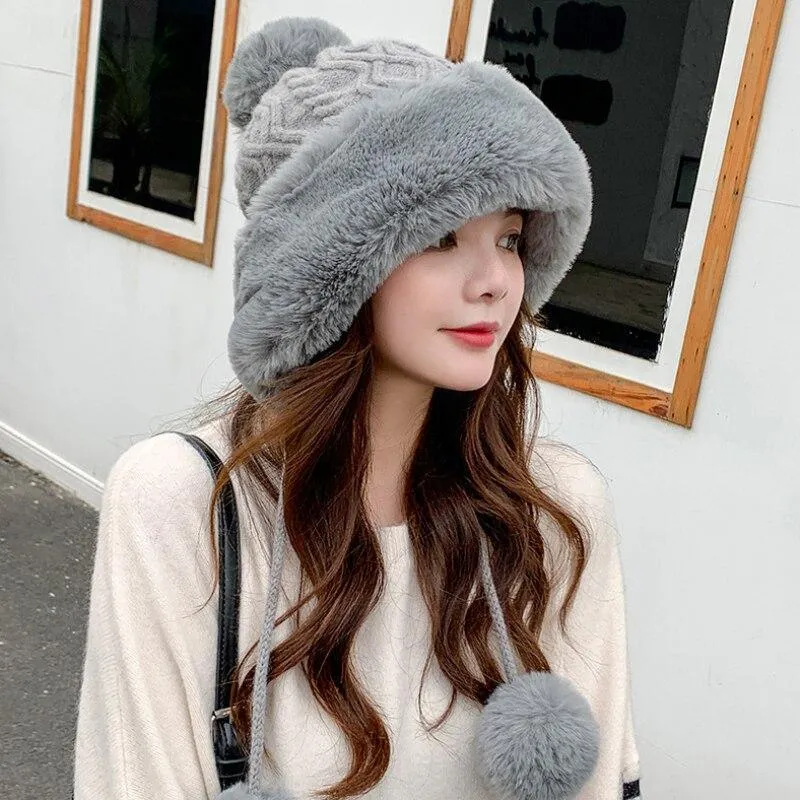 Knitted Woolly Hat With Faux Fur Trim and Pom Poms: Cute Winter Hat Female Russian Style Thick Warm Fur Hat Ladies Ski Girls