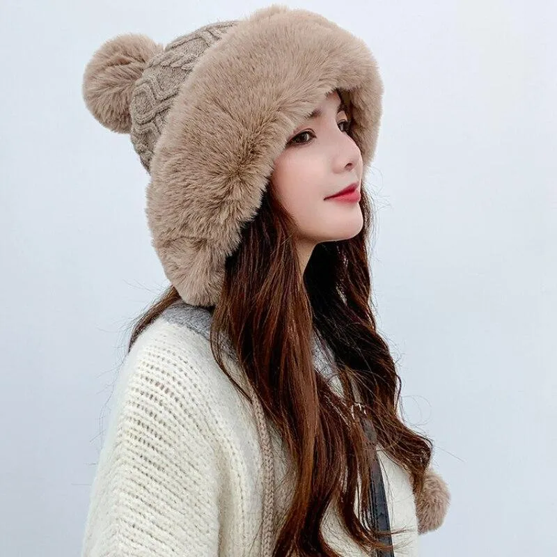 Knitted Woolly Hat With Faux Fur Trim and Pom Poms: Cute Winter Hat Female Russian Style Thick Warm Fur Hat Ladies Ski Girls
