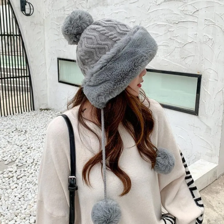 Knitted Woolly Hat With Faux Fur Trim and Pom Poms: Cute Winter Hat Female Russian Style Thick Warm Fur Hat Ladies Ski Girls