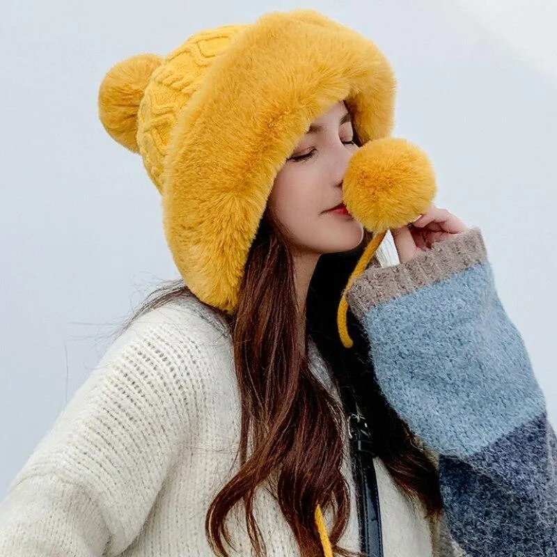 Knitted Woolly Hat With Faux Fur Trim and Pom Poms: Cute Winter Hat Female Russian Style Thick Warm Fur Hat Ladies Ski Girls