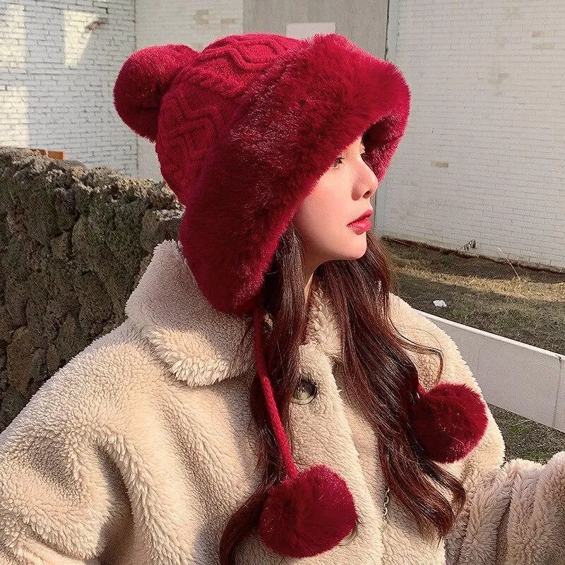 Knitted Woolly Hat With Faux Fur Trim and Pom Poms: Cute Winter Hat Female Russian Style Thick Warm Fur Hat Ladies Ski Girls