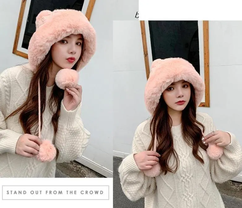Knitted Woolly Hat With Faux Fur Trim and Pom Poms: Cute Winter Hat Female Russian Style Thick Warm Fur Hat Ladies Ski Girls