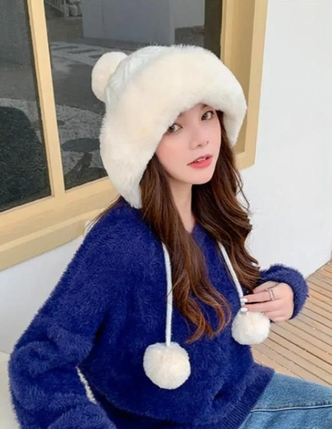 Knitted Woolly Hat With Faux Fur Trim and Pom Poms: Cute Winter Hat Female Russian Style Thick Warm Fur Hat Ladies Ski Girls