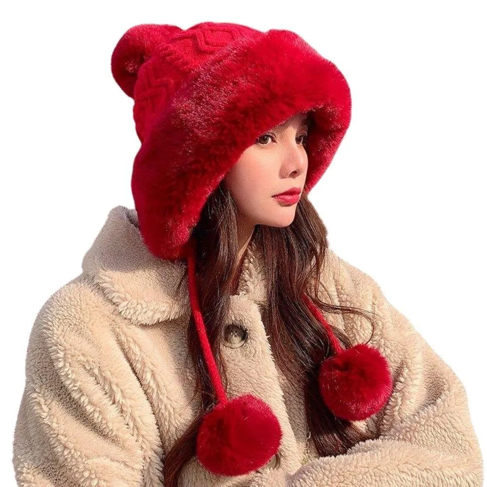 Knitted Woolly Hat With Faux Fur Trim and Pom Poms: Cute Winter Hat Female Russian Style Thick Warm Fur Hat Ladies Ski Girls