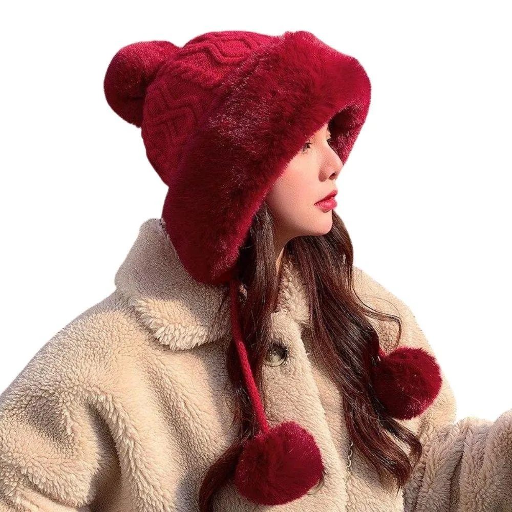 Knitted Woolly Hat With Faux Fur Trim and Pom Poms: Cute Winter Hat Female Russian Style Thick Warm Fur Hat Ladies Ski Girls