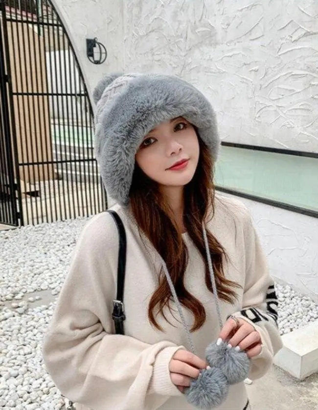 Knitted Woolly Hat With Faux Fur Trim and Pom Poms: Cute Winter Hat Female Russian Style Thick Warm Fur Hat Ladies Ski Girls