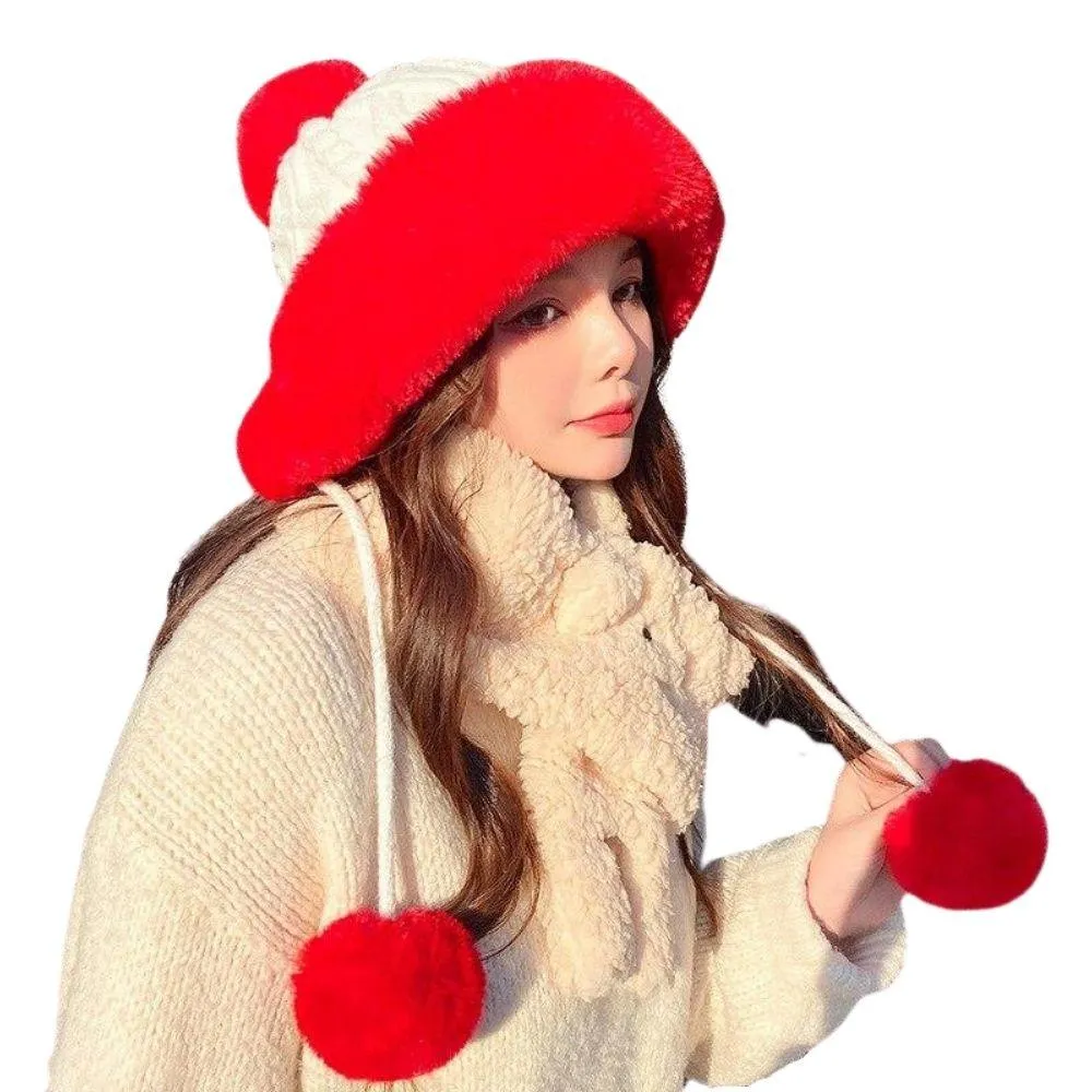 Knitted Woolly Hat With Faux Fur Trim and Pom Poms: Cute Winter Hat Female Russian Style Thick Warm Fur Hat Ladies Ski Girls