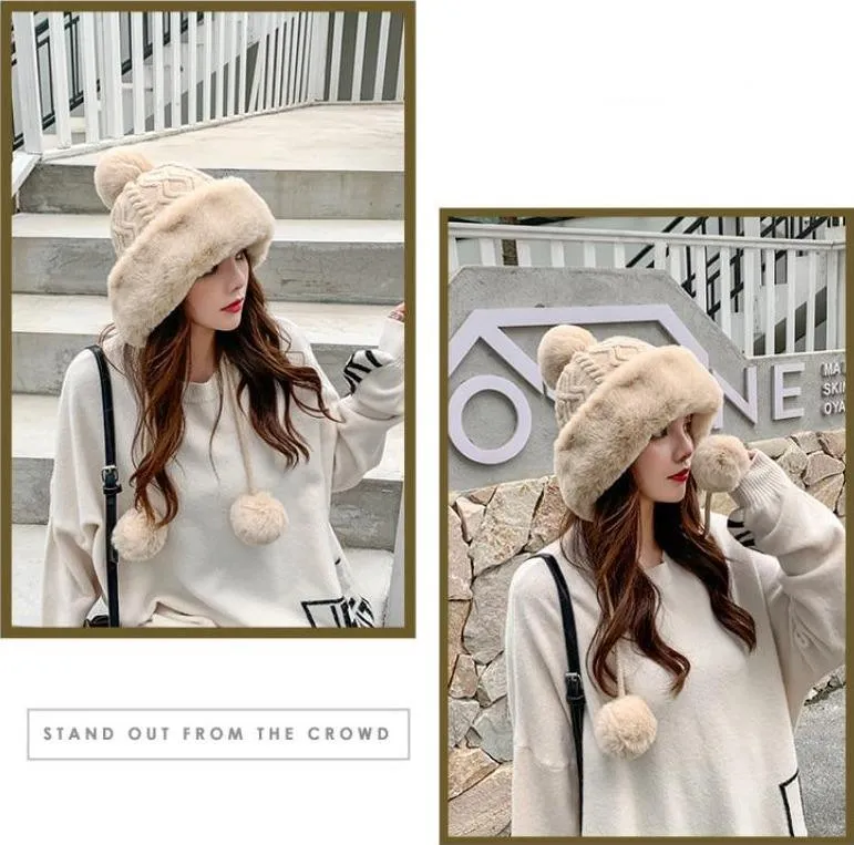 Knitted Woolly Hat With Faux Fur Trim and Pom Poms: Cute Winter Hat Female Russian Style Thick Warm Fur Hat Ladies Ski Girls