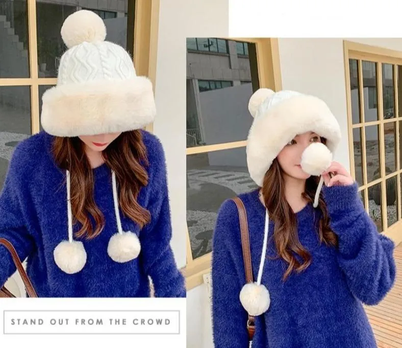 Knitted Woolly Hat With Faux Fur Trim and Pom Poms: Cute Winter Hat Female Russian Style Thick Warm Fur Hat Ladies Ski Girls