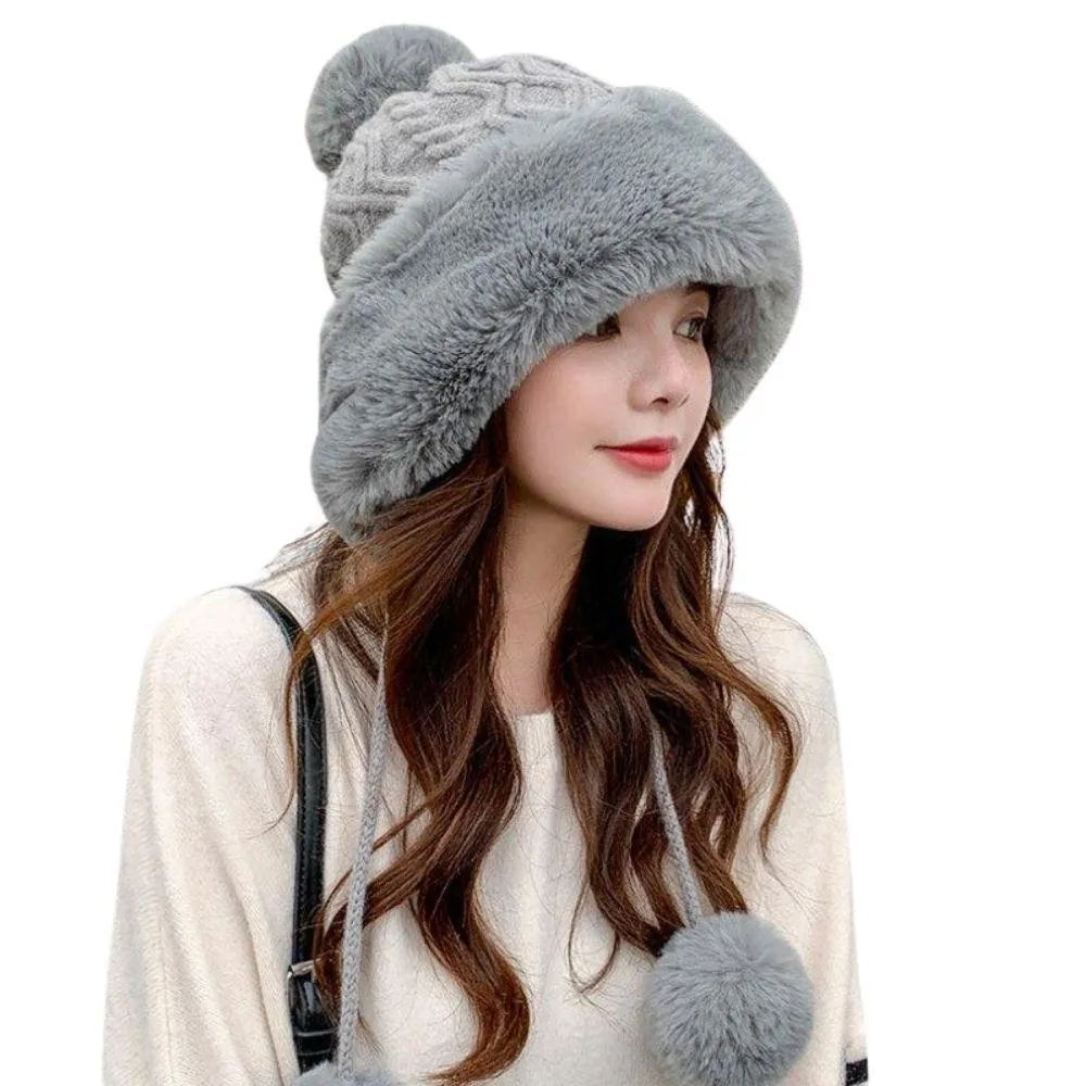 Knitted Woolly Hat With Faux Fur Trim and Pom Poms: Cute Winter Hat Female Russian Style Thick Warm Fur Hat Ladies Ski Girls