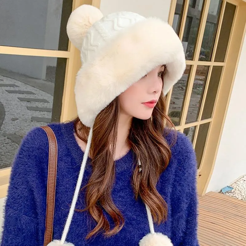 Knitted Woolly Hat With Faux Fur Trim and Pom Poms: Cute Winter Hat Female Russian Style Thick Warm Fur Hat Ladies Ski Girls