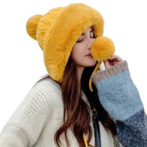 Knitted Woolly Hat With Faux Fur Trim and Pom Poms: Cute Winter Hat Female Russian Style Thick Warm Fur Hat Ladies Ski Girls
