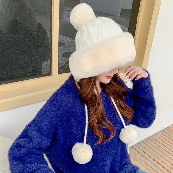 Knitted Woolly Hat With Faux Fur Trim and Pom Poms: Cute Winter Hat Female Russian Style Thick Warm Fur Hat Ladies Ski Girls