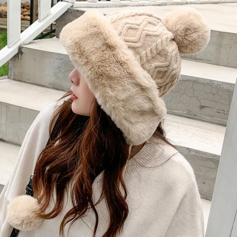 Knitted Woolly Hat With Faux Fur Trim and Pom Poms: Cute Winter Hat Female Russian Style Thick Warm Fur Hat Ladies Ski Girls