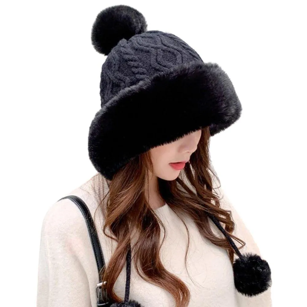 Knitted Woolly Hat With Faux Fur Trim and Pom Poms: Cute Winter Hat Female Russian Style Thick Warm Fur Hat Ladies Ski Girls