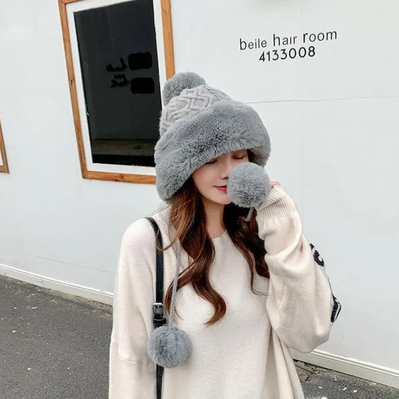 Knitted Woolly Hat With Faux Fur Trim and Pom Poms: Cute Winter Hat Female Russian Style Thick Warm Fur Hat Ladies Ski Girls