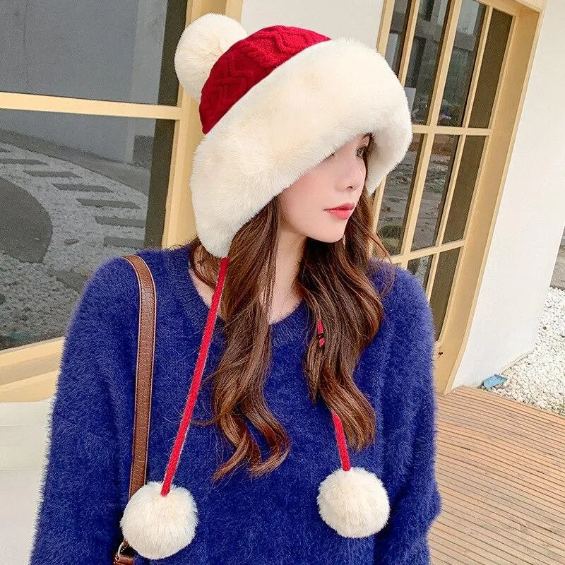 Knitted Woolly Hat With Faux Fur Trim and Pom Poms: Cute Winter Hat Female Russian Style Thick Warm Fur Hat Ladies Ski Girls