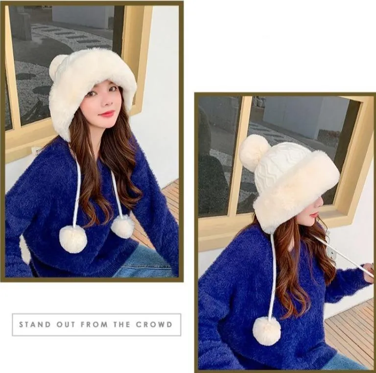 Knitted Woolly Hat With Faux Fur Trim and Pom Poms: Cute Winter Hat Female Russian Style Thick Warm Fur Hat Ladies Ski Girls