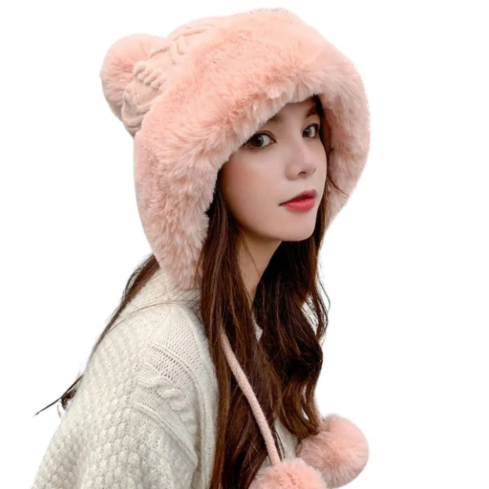Knitted Woolly Hat With Faux Fur Trim and Pom Poms: Cute Winter Hat Female Russian Style Thick Warm Fur Hat Ladies Ski Girls