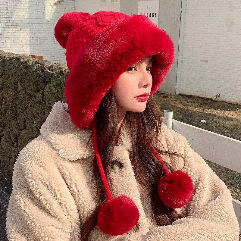 Knitted Woolly Hat With Faux Fur Trim and Pom Poms: Cute Winter Hat Female Russian Style Thick Warm Fur Hat Ladies Ski Girls