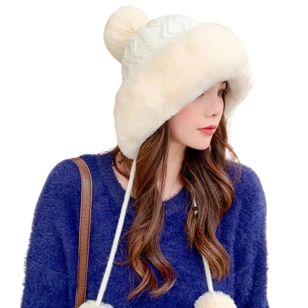 Knitted Woolly Hat With Faux Fur Trim and Pom Poms: Cute Winter Hat Female Russian Style Thick Warm Fur Hat Ladies Ski Girls