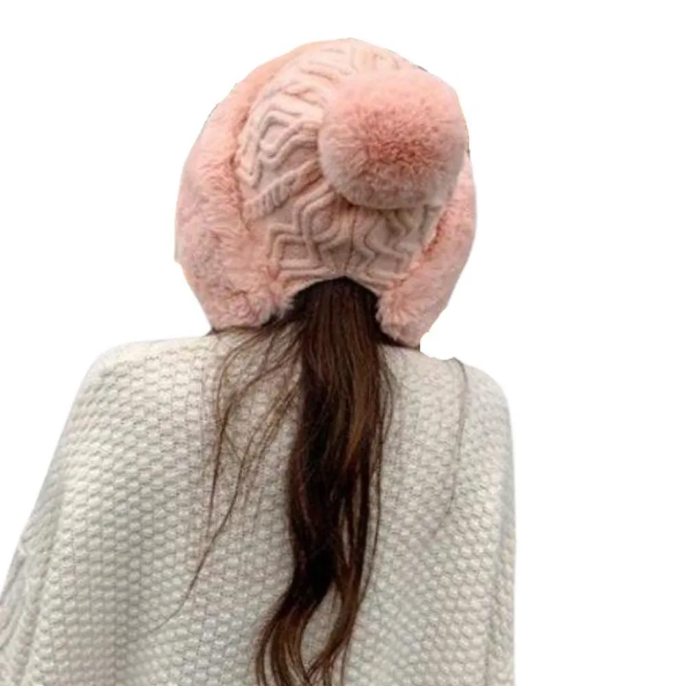 Knitted Woolly Hat With Faux Fur Trim and Pom Poms: Cute Winter Hat Female Russian Style Thick Warm Fur Hat Ladies Ski Girls