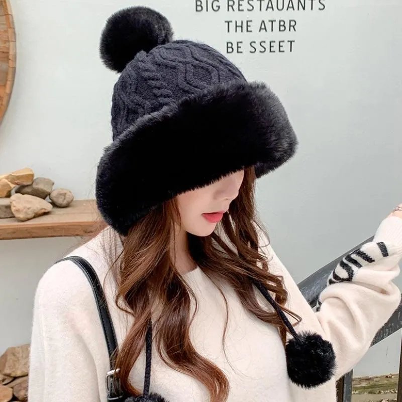 Knitted Woolly Hat With Faux Fur Trim and Pom Poms: Cute Winter Hat Female Russian Style Thick Warm Fur Hat Ladies Ski Girls