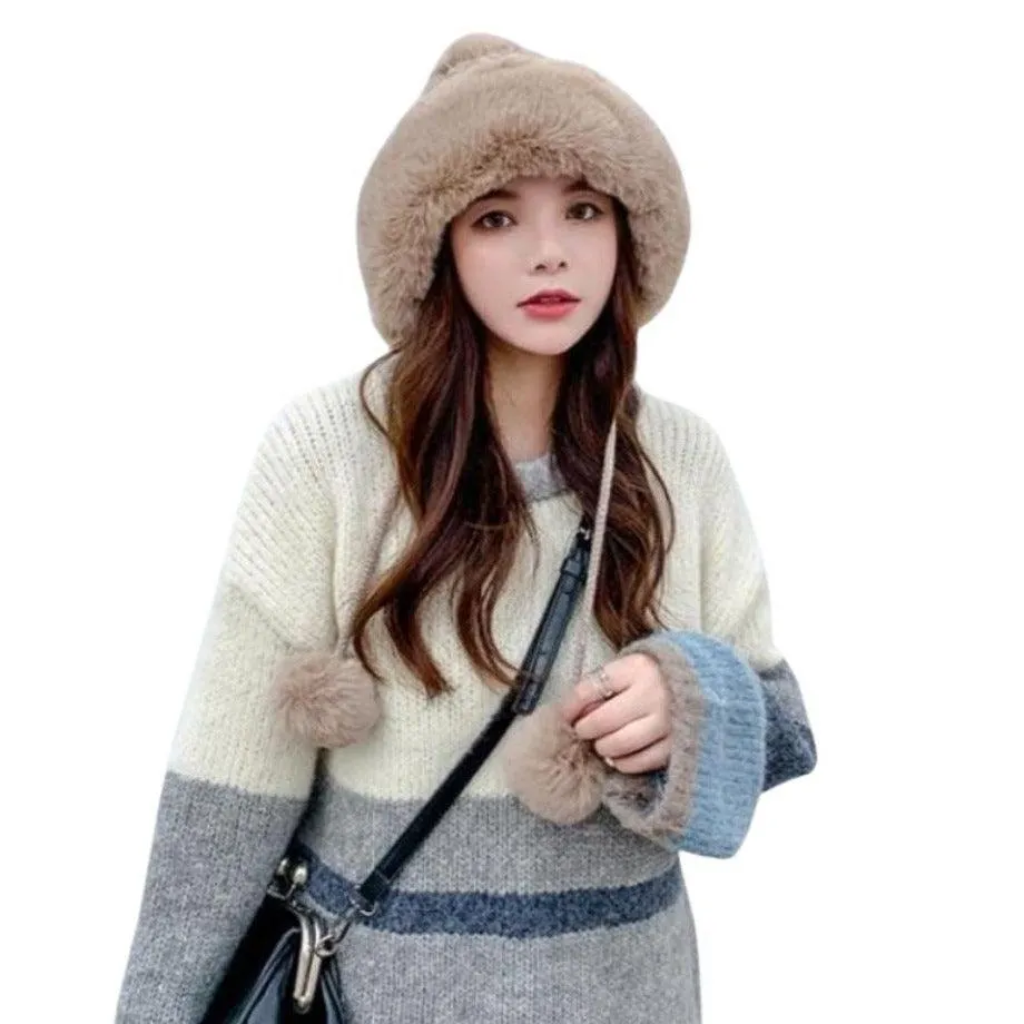 Knitted Woolly Hat With Faux Fur Trim and Pom Poms: Cute Winter Hat Female Russian Style Thick Warm Fur Hat Ladies Ski Girls