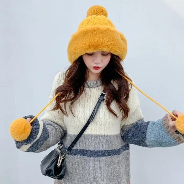 Knitted Woolly Hat With Faux Fur Trim and Pom Poms: Cute Winter Hat Female Russian Style Thick Warm Fur Hat Ladies Ski Girls