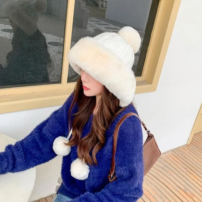 Knitted Woolly Hat With Faux Fur Trim and Pom Poms: Cute Winter Hat Female Russian Style Thick Warm Fur Hat Ladies Ski Girls