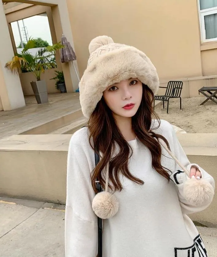 Knitted Woolly Hat With Faux Fur Trim and Pom Poms: Cute Winter Hat Female Russian Style Thick Warm Fur Hat Ladies Ski Girls