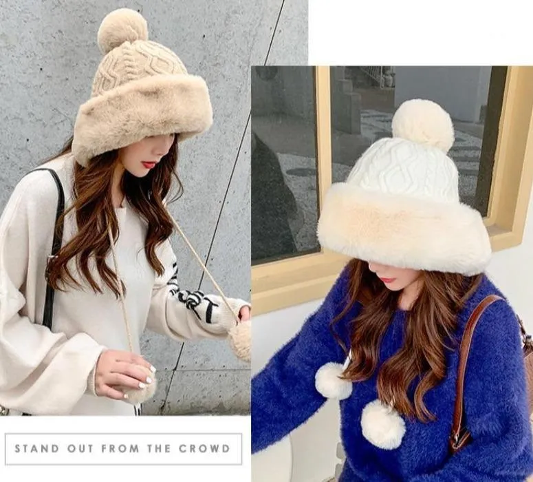 Knitted Woolly Hat With Faux Fur Trim and Pom Poms: Cute Winter Hat Female Russian Style Thick Warm Fur Hat Ladies Ski Girls