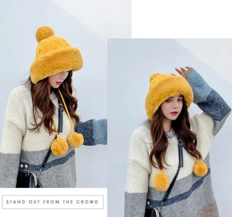 Knitted Woolly Hat With Faux Fur Trim and Pom Poms: Cute Winter Hat Female Russian Style Thick Warm Fur Hat Ladies Ski Girls