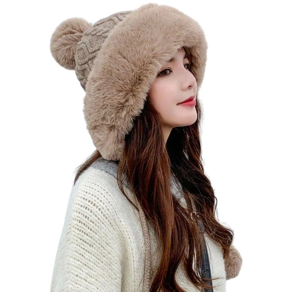 Knitted Woolly Hat With Faux Fur Trim and Pom Poms: Cute Winter Hat Female Russian Style Thick Warm Fur Hat Ladies Ski Girls
