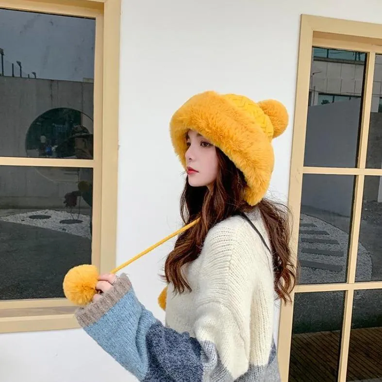 Knitted Woolly Hat With Faux Fur Trim and Pom Poms: Cute Winter Hat Female Russian Style Thick Warm Fur Hat Ladies Ski Girls