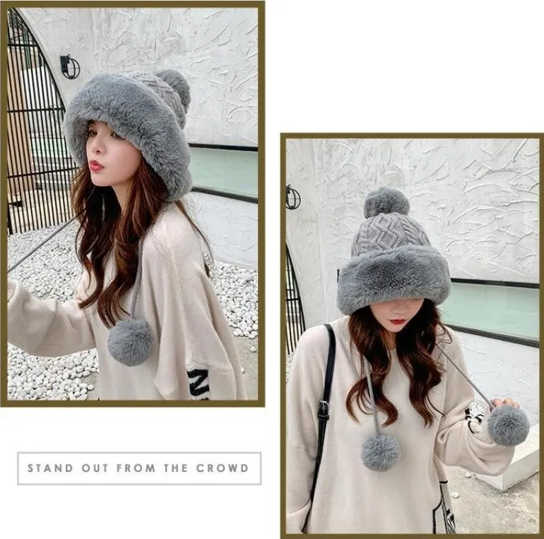 Knitted Woolly Hat With Faux Fur Trim and Pom Poms: Cute Winter Hat Female Russian Style Thick Warm Fur Hat Ladies Ski Girls
