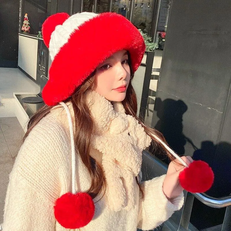 Knitted Woolly Hat With Faux Fur Trim and Pom Poms: Cute Winter Hat Female Russian Style Thick Warm Fur Hat Ladies Ski Girls