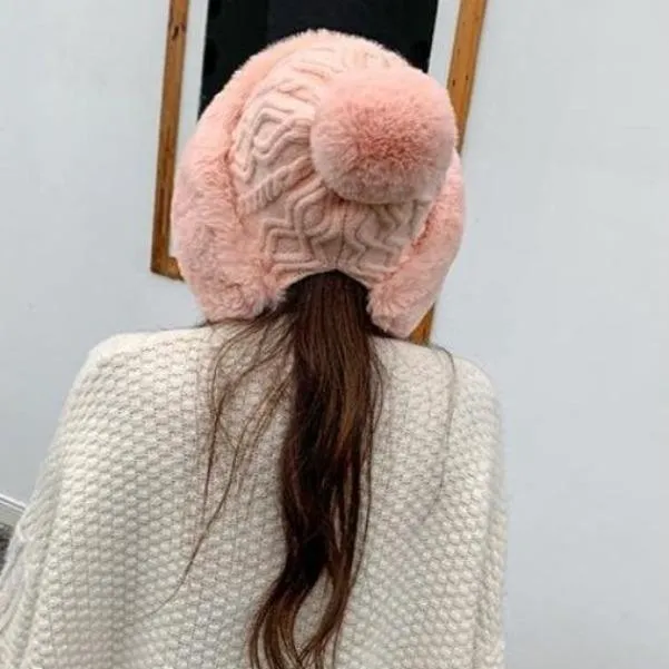 Knitted Woolly Hat With Faux Fur Trim and Pom Poms: Cute Winter Hat Female Russian Style Thick Warm Fur Hat Ladies Ski Girls