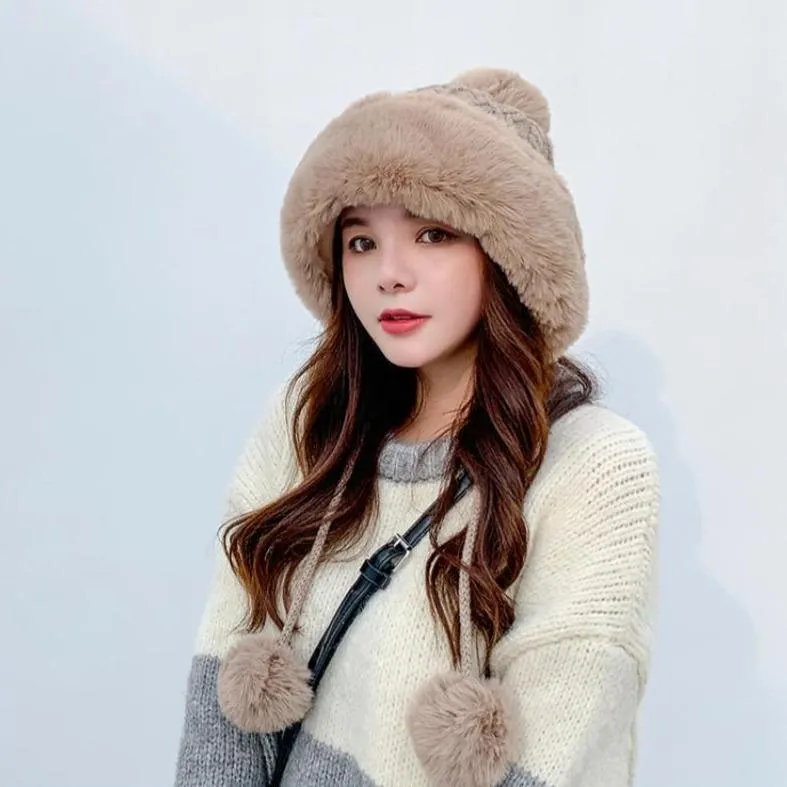 Knitted Woolly Hat With Faux Fur Trim and Pom Poms: Cute Winter Hat Female Russian Style Thick Warm Fur Hat Ladies Ski Girls