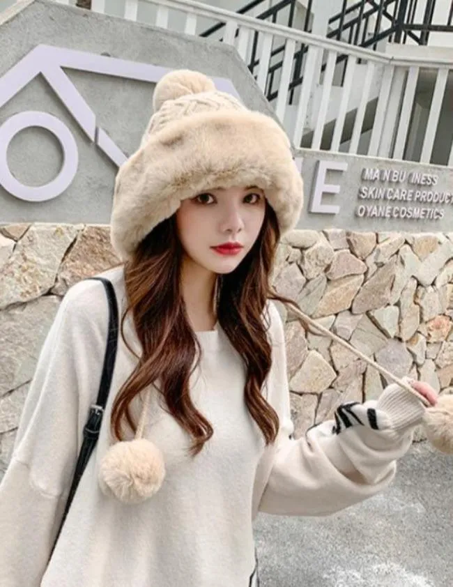 Knitted Woolly Hat With Faux Fur Trim and Pom Poms: Cute Winter Hat Female Russian Style Thick Warm Fur Hat Ladies Ski Girls