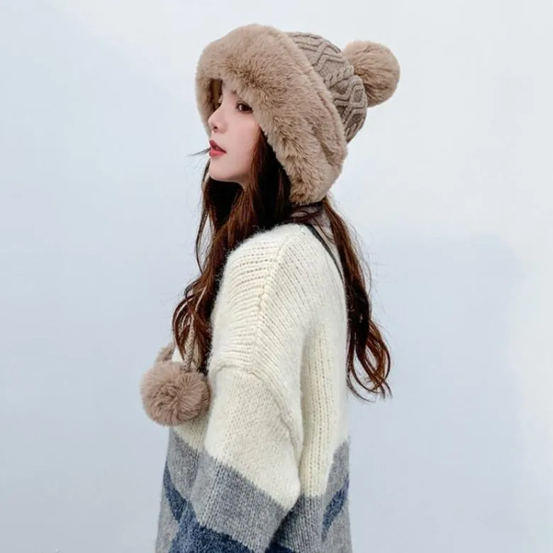 Knitted Woolly Hat With Faux Fur Trim and Pom Poms: Cute Winter Hat Female Russian Style Thick Warm Fur Hat Ladies Ski Girls